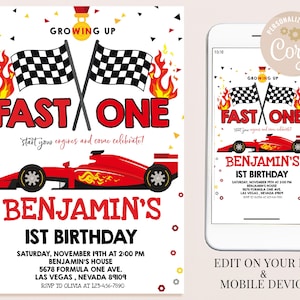 May include: A red, white and black race car themed birthday invitation for a boy turning one. The invitation features a red race car with flames, chequered flags, and the text "Growing Up Fast One" and "Benjamin's 1st Birthday".