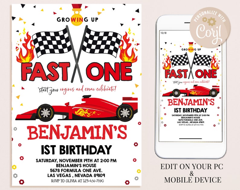 May include: A red, white and black race car themed birthday invitation for a boy turning one. The invitation features a red race car with flames, chequered flags, and the text "Growing Up Fast One" and "Benjamin's 1st Birthday".