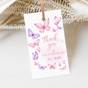 Vlinder verjaardag bedankkaartjes cadeaukaartje kraamcadeau meisje roze paarse vlinders bloemen lente tuinfeest bedankt afdrukbaar BS36V BT93V