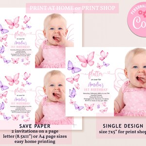 K&ouml;nnte beinhalten: Zwei druckbare Einladungen f&uuml;r eine erste Geburtstagsfeier mit einem Schmetterlings-Motiv. Die Einladungen zeigen ein rosafarbenes und violettes Aquarell-Schmetterlings-Design mit dem Text "Flutter on over for Amelia's 1st Birthday".