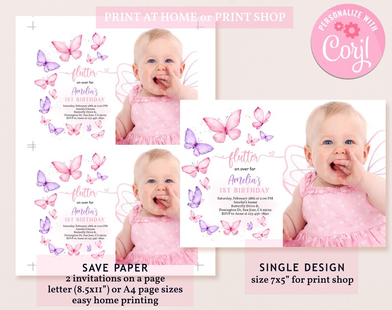 K&ouml;nnte beinhalten: Zwei druckbare Einladungen f&uuml;r eine erste Geburtstagsfeier mit einem Schmetterlings-Motiv. Die Einladungen zeigen ein rosafarbenes und violettes Aquarell-Schmetterlings-Design mit dem Text "Flutter on over for Amelia's 1st Birthday".