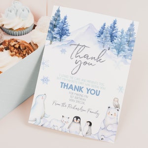 Tarjeta de agradecimiento de Winter Onederland, nota de agradecimiento para baby shower de Wonderland, decoración para fiesta de primer cumpleaños de niño, animales de oso polar imprimibles BS06B BT46B