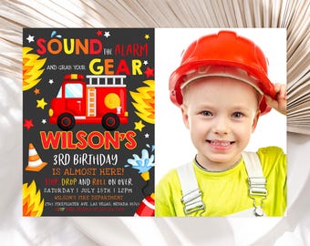 Firetruck Birthday Photo Invitation Firefighter Invite Boy Fireman Party Fire Truck Engine Fire Department Sound the Alarm EDITABLE BT02K