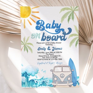 Baby on Board Invitation Surf Beach Baby Shower Invite Surfing Summer Party Retro Surf Van Ocean Wave Surfboard Tropical EDITABLE BS52B