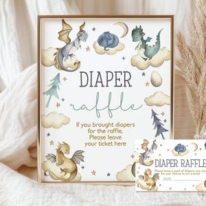 Letrero para rifa de pañales para baby shower de dragón, letrero para mesa de pequeños dragones azules y verdes, decoración de fiesta mítica de fantasía mágica imprimible AS03B