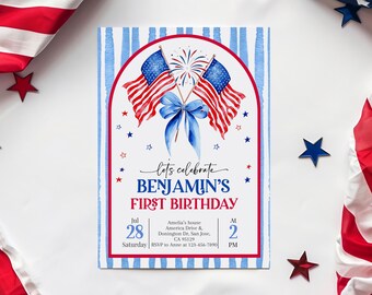 4 juillet premier anniversaire Invitation patriotique 1er anniversaire inviter Memorial Day drapeau des Etats-Unis rouge blanc et bleu noeud étoiles rayures MODIFIABLE AT87R