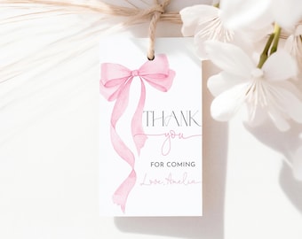 Pink Bow Birthday Favor Tag Coquette Baby Shower Gift Tag Elegant Soft Pastel Pink Ribbon Party Thank You Tags Hang Printable AS20P AT63P