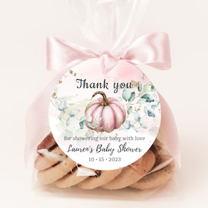 Pink Pumpkin Favor Tags Fall Autumn Baby Shower Thank You Sticker Girl Blush Sprinkle Round Circle Gift Label Printable DOWNLOAD BBS001