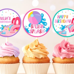 Décoration de fête d'anniversaire pour fille 1er anniversaire avec toboggan aquatique, toboggan aquatique rose, décoration de gâteau de fête d'été au bord de la piscine Splish Splash Bash imprimable BT77P