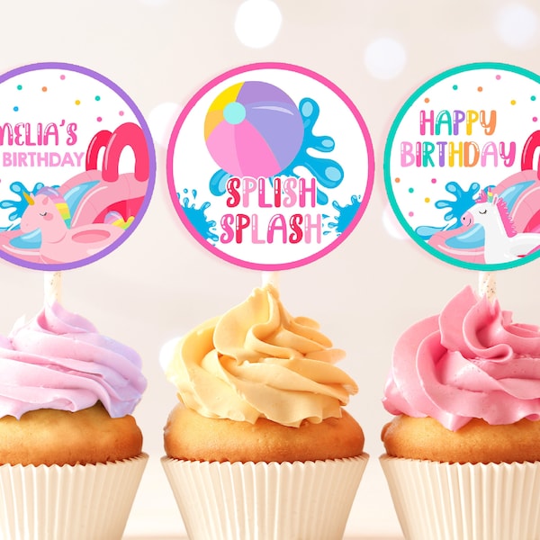 Waterslide Cupcake Toppers Girl 1st Birthday Party Decor Pink Water Slide Summer Pool Party Cake Toppers Splish Splash Bash Printable BT77P