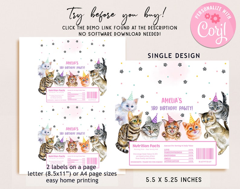 Cat Labels Paper Cat Chocolate Wrapper Girl 1st Birthday Party Decor Pink Kitty Cat ...