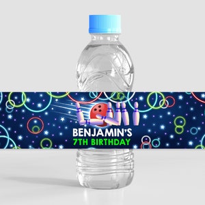 Étiquette de bouteille d'eau de bowling MODIFIABLE Cadeau de fête d'anniversaire article jus néon lueur garçon fille arcade laser enfants sport thème modèle numérique BT25G