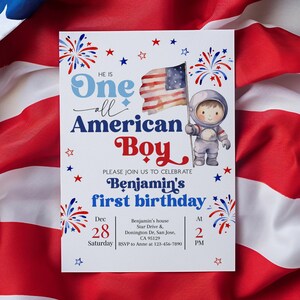 One All American Boy Birthday Invitation 4th of July Patriotic Birthday Invite Independence Day USA Flag Astronaut Fireworks EDITABLE AT85R