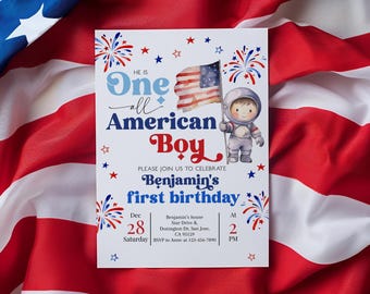 One All American Boy Birthday Invitation 4th of July Patriotic Birthday Invite Independence Day USA Flag Astronaut Fireworks EDITABLE AT85R