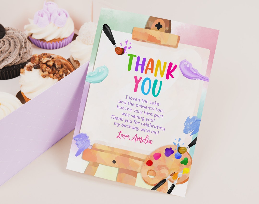 Art Birthday Thank You Card Painting Party Thank You Note Girl Birthday