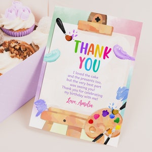Cartão de agradecimento de aniversário artístico, pintura para festa, nota de agradecimento, lembranças de aniversário para meninas, aquarela, arco-íris colorido, tinta para festa, artesanato editável BT75P