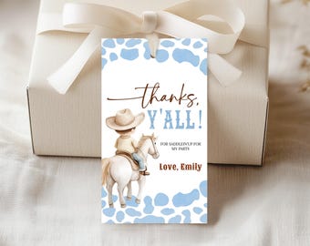 Cowboy Baby Shower Gift Tags First Rodeo Birthday Favor Tags Western Blue Rustic Country Thank You Tag Wild West Party Printable AS40B AT75B