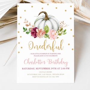 Pumpkin Birthday Invitation Little Pumpkin Girls Autumn Fall Party Baby Shower Pink Gold Floral Invites EDITABLE Instant download BTD022