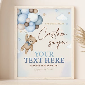 Cartello personalizzato per compleanno con orsetto di peluche "Non possiamo aspettare a lungo" Cartello da tavolo per baby shower con erba di pampa blu e mongolfiere boho MODIFICABILI BS21B BT81B