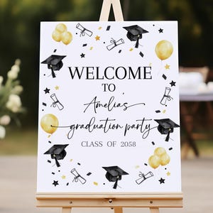 Graduation Party Welcome Sign Black and Gold Balloons Grad Party Decor High School College Class of 2025 Graduate Cap Poster EDITABLE HL91K