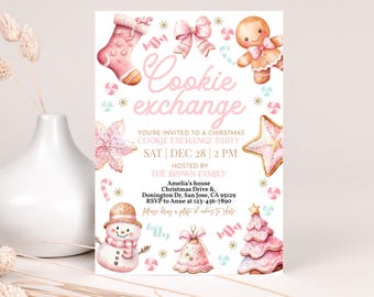 May include: A pink and white Christmas cookie exchange party invitation. The invitation features watercolor illustrations of a gingerbread man, Christmas tree, stocking, and other festive elements. The text reads "Cookie Exchange" and includes party details.