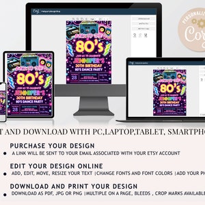 Pode incluir: Convite de anivers&aacute;rio edit&aacute;vel com tema dos anos 80 com cores rosa neon, roxo e azul. O convite apresenta um toca-fitas retro, raios e o texto "De volta aos anos 80".