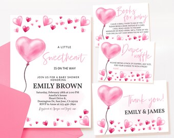 May include: Pink and white baby shower invitation with a pink heart balloon and the text "A Little Sweetheart is on the Way". The invitation includes details for the baby shower, including the date, time, location, and RSVP information. The invitation also includes the text "Registered at Amazon and Target.com".