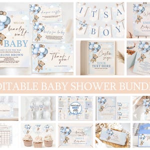 Teddy Bear Baby Shower Invitation Bundle We Can Bearly Wait Invite Set Boy Blue Bear Boho Hot Air Balloons Party Decor Suite EDITABLE BS21B