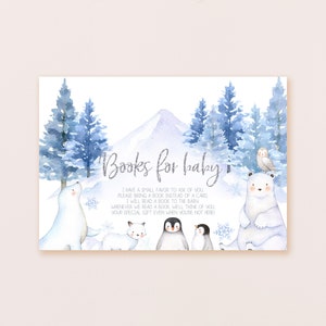Livros de chá de bebê Winter Wonderland para bebê, cartão de ingresso, decoração de festa de gênero neutro para meninos, urso polar, animais árticos, flocos de neve para impressão BS06B