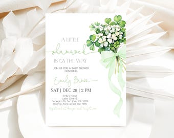 St Patricks Day Baby Shower Invitation A Little Shamrock Invite Lucky Charm Irish March Four Leaf Clover Sage Green Bow EDITABLE AS22G