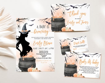 Puede incluir: Una invitación a una fiesta de bienvenida al bebé con temática de Halloween con una silueta de una mujer embarazada vestida de bruja, sosteniendo una caldera con acentos naranja y marrón. El texto dice "A Baby is Brewing" e incluye la fecha, la hora y la ubicación del evento.