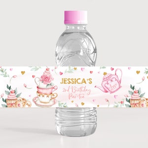 Etiquette pour bouteille d'eau Tea Party 1er anniversaire, décoration florale dorée poudré rose, étiquettes pour boissons au thé, jardin fantaisiste, par-thé, imprimable BT10P