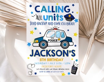 Police Birthday Invitation Policeman Invite Police Officer Boy First 1st Birthday Party Kids Cop Car Vehicle SWAT EDITABLE Template BT29B