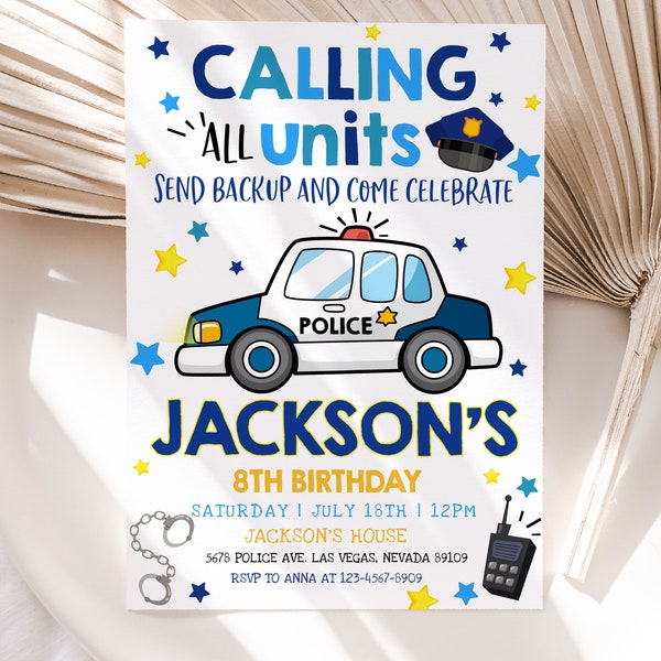 Police Birthday Invitation Policeman Invite Police Officer Boy First 1st Birthday Party Kids Cop Car Vehicle SWAT EDITABLE Template BT29B