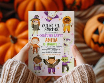May include: A colourful invitation for a child's 7th birthday party. The invitation features a watercolour illustration of monsters and the text "Calling All Monsters, you are invited to a Costume Party, Amelia is turning 7".