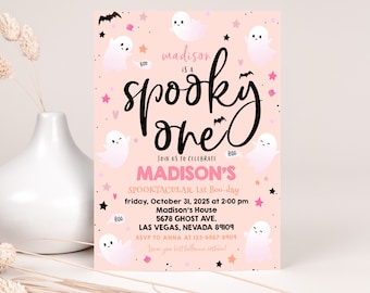 Faire-part d'anniversaire Halloween : Spooky One 1er Boo day inviter, fête déguisée pour enfants fantôme rose, effrayant 5 x 7" numérique, MODIFIABLE AT08P