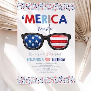 7月4日の誕生日招待状「アメリカ製 7月4日の愛国的な誕生日パーティー招待状 赤 白 青 アメリカ国旗 サングラス 編集可能 HL29
