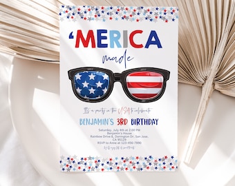 4th of July Birthday Invitation 'Merica Made Fourth of July Patriotic Birthday Party Invite Red White Blue USA Flag Sunglasses EDITABLE HL29