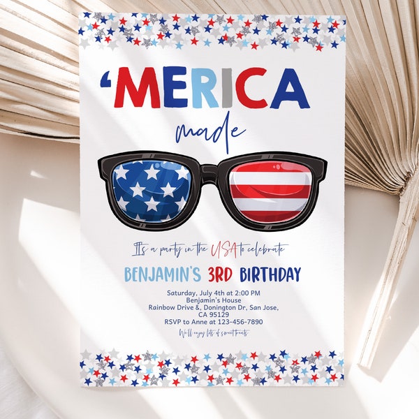 Invitación de cumpleaños del 4 de julio 'Merica Made 4 de julio' Invitación de fiesta de cumpleaños patriótica con gafas de sol con bandera de EE. UU. en rojo, blanco y azul EDITABLE HL29