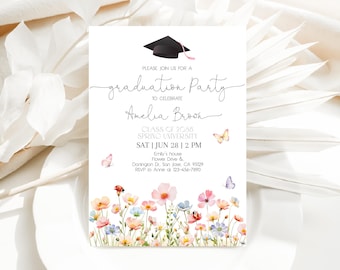Wildflower Graduation Invitation, Butterfly College High School Grad Party Invite, Class of 20XX Floral Graduate Announcement EDITABLE HL92P