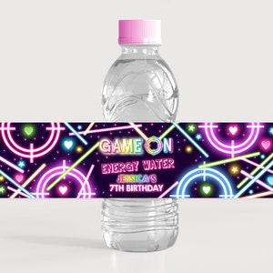 Laser Tag Water Bottle Label Girl Gamer Birthday Party Decor Neon Glow Pink Rainbow Arcade Game Kids Lazer Tag Drink Label Printable BT63P