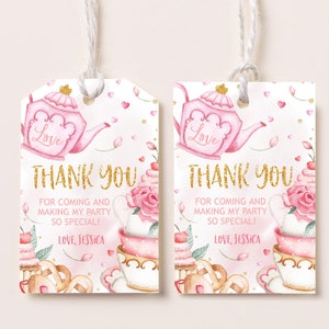 ティーパーティー 誕生日 記念品 タグ 女の子 ベビーシャワー ギフトタグ ゴールド ブラッシュ ピンク 花柄 ティーポット ハイティー ガーデン サンキュータグ 印刷可能 BS18P BT10P