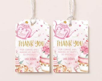 May include: Pink and gold thank you tags with a watercolor illustration of a teapot and teacups. The text reads "Thank You" and "For coming and making my party so special! Love, Jessica".