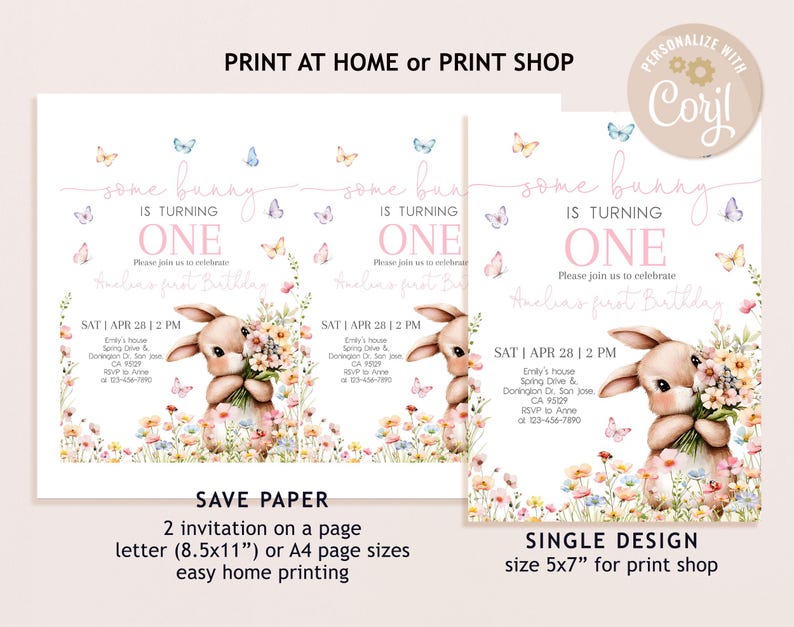 May include: Printable invitation for a first birthday party with a cute bunny rabbit holding flowers. The invitation has a pink and white color scheme with butterflies and floral accents. The text on the invitation reads "Some Bunny is Turning One".