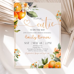 A Little Cutie is on the Way Invitation Orange Baby Shower Invite Clementine Gender Neutral Party Citrus Tangerine Floral EDITABLE BS55O
