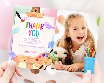 Art Birthday Photo Thank You Card Painting Party Thank You Note Girl Birthday Favors Watercolor Rainbow Paint Party Craft EDITABLE BT75P