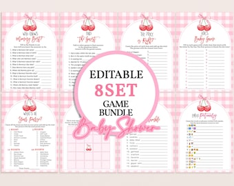 Cherry babyshower spelletjes set She's the Cherry on Top spelbundel rood roze flirt strik bessen afdrukbare emoji bingo woord scramble BS95P