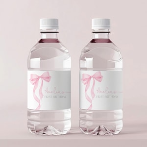 Etichetta per bottiglia d'acqua con fiocco rosa Coquette Girl 1° compleanno festa decorazione morbido pastello acquerello nastro rosa elegante etichetta per bevande stampabile AT63P