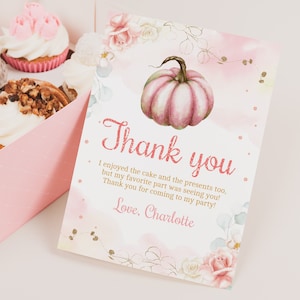 Kürbis-Geburtstags-Dankeschön-Karte Mädchen Erster Geburtstag Dankeschön Hinweis Herbst Herbst Party Dekor Pink Kürbis Patch Ernte Bauernhof EDITIERBAR BT22P