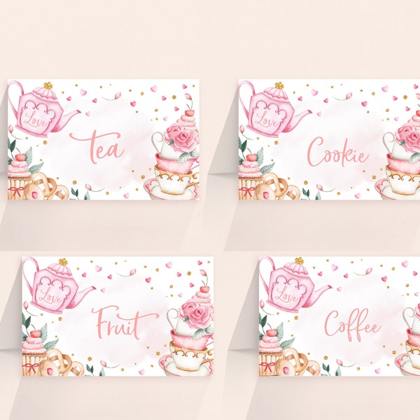 Tea Party Baby Shower Food Tents Girl 1st Birthday Party Decor Blush Pink Floral Teapot High Tea Garden Place Cards Printable BS18P BT10P